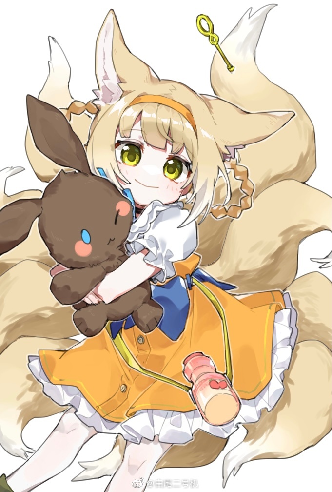 1girl, alternate_costume, animal_ears, arknights, baiwei_er_hao_ji, blonde_hair, bottle, braid