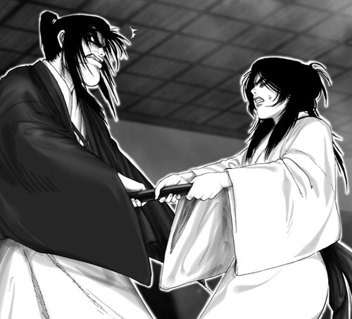 00s, 1boy, 1girl, angry, basilisk_(manga), clenched_teeth, greyscale, iga_ogen, japanese_clothes, kouga_danjo, kouga_danjou, long_hair, lowres, monochrome, official_art, ponytail, segawa_masaki, sheath, sword, teeth, very_long_hair, weapon, aged_down