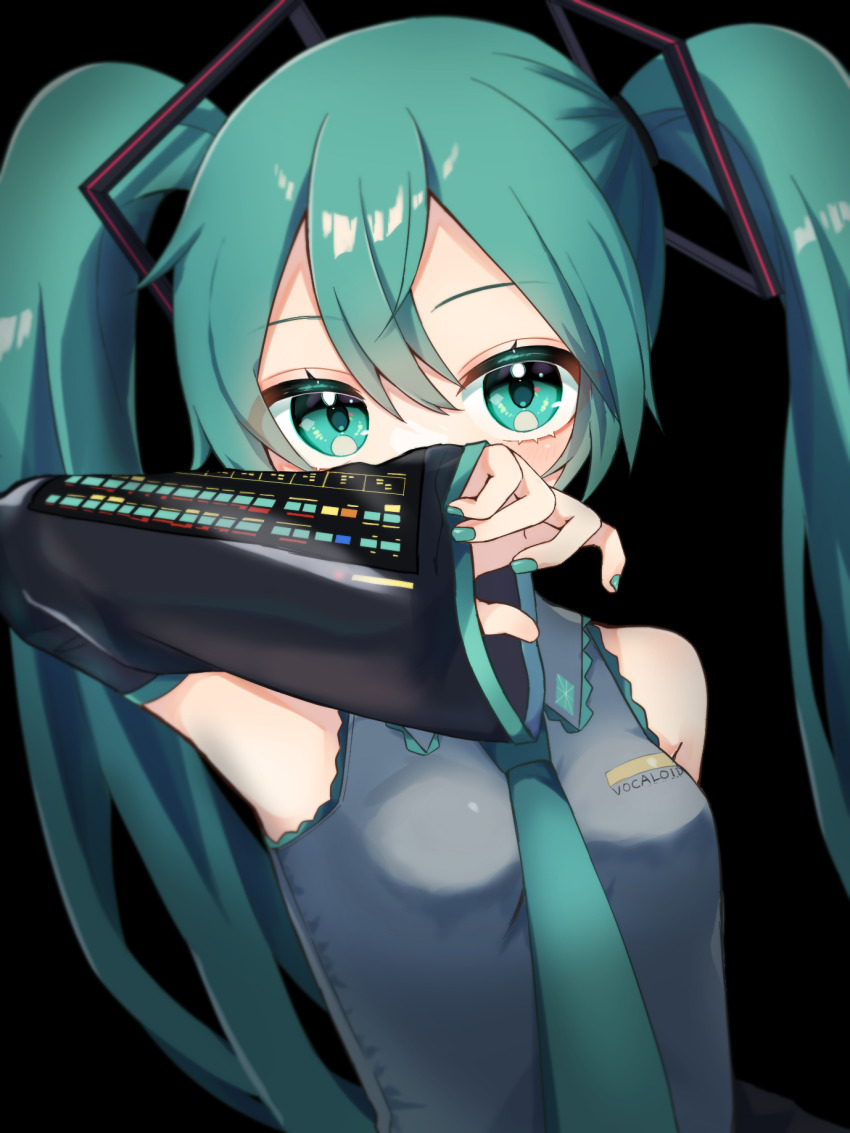 1girl, akikan_sabako, aqua_eyes, aqua_hair, aqua_nails, aqua_necktie, arm_up, bare_shoulders