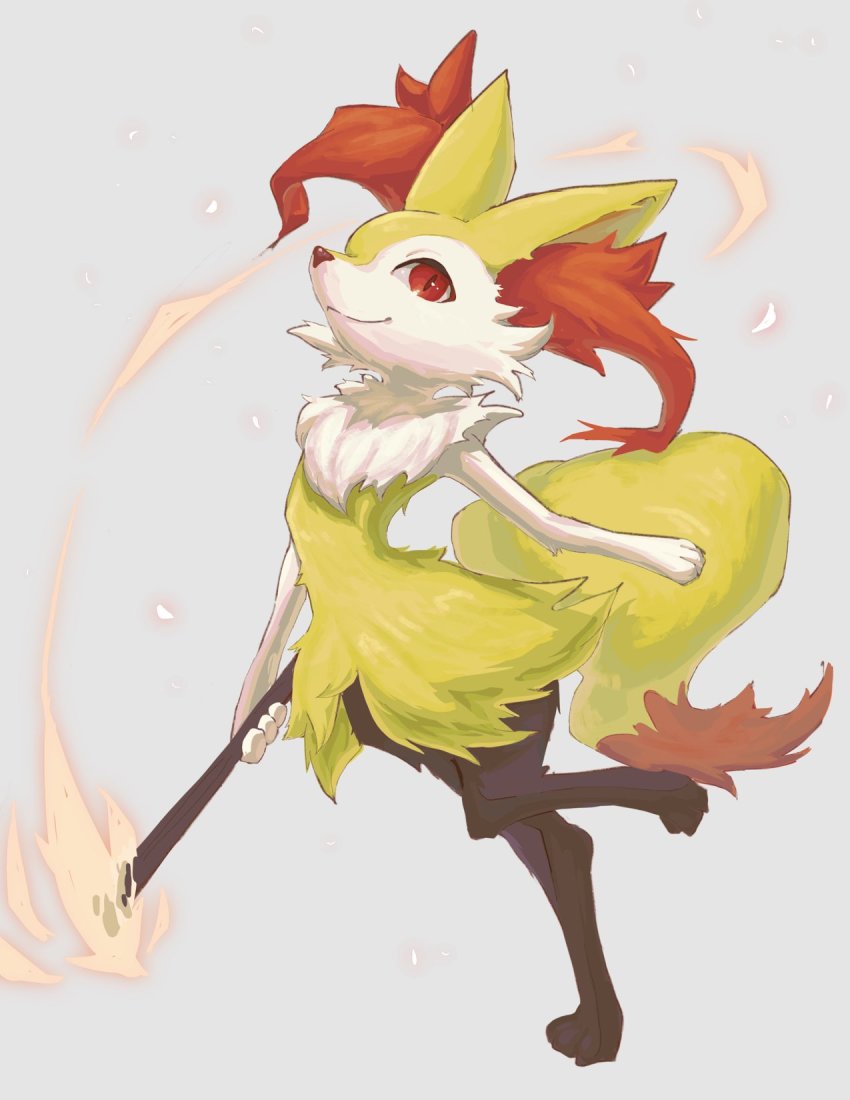 animal_ear_fluff, braixen, closed_mouth, commentary_request, fire, full_body, gen_6_pokemon, grey_background