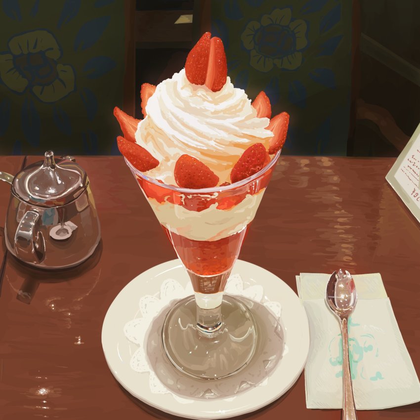 cream, dessert, food, food_focus, fruit, glass, highres, napkin