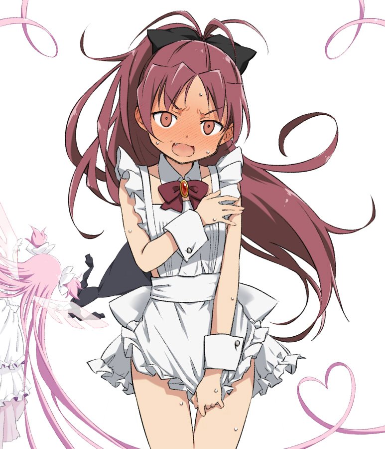 2girls, alternate_costume, apron, back_bow, black_bow, blush, bow, bowtie