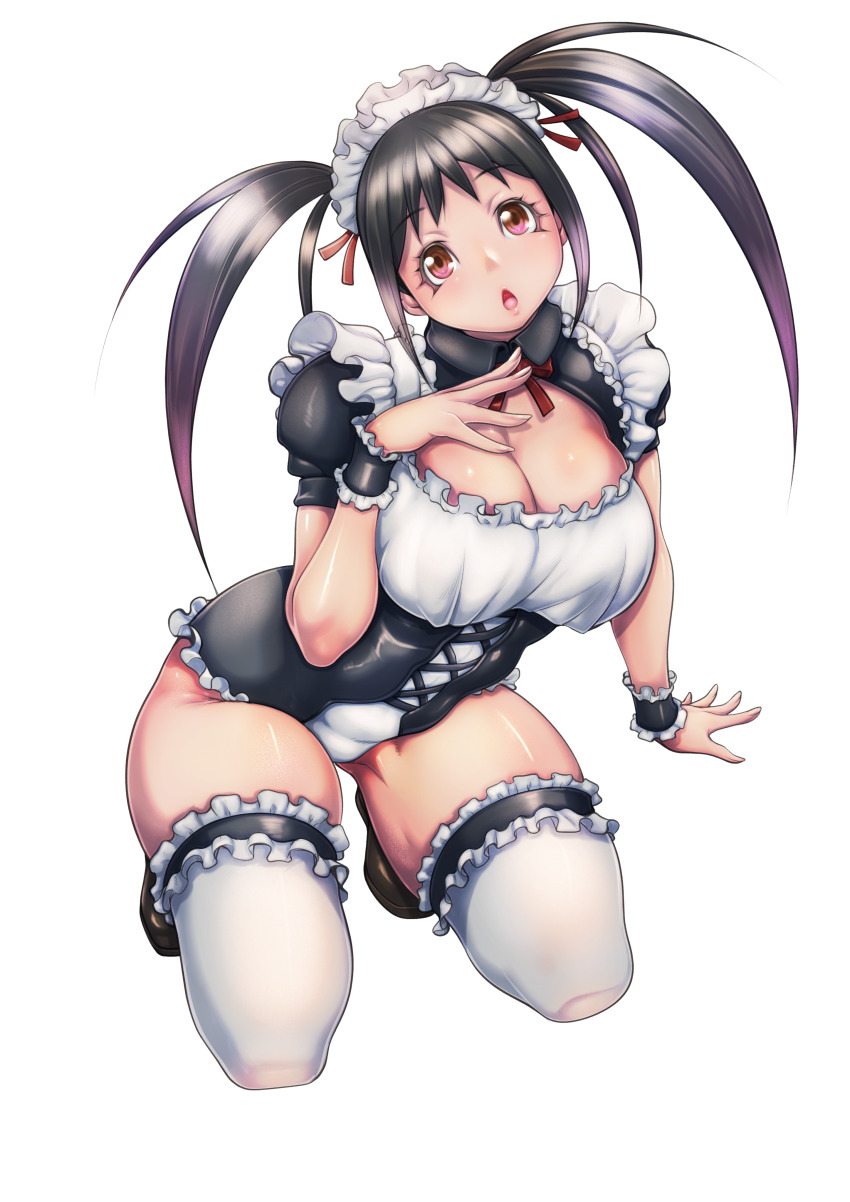 1girl, absurdres, black_hair, breasts, brown_eyes, cleavage, daikokuya_yenjaku, frills