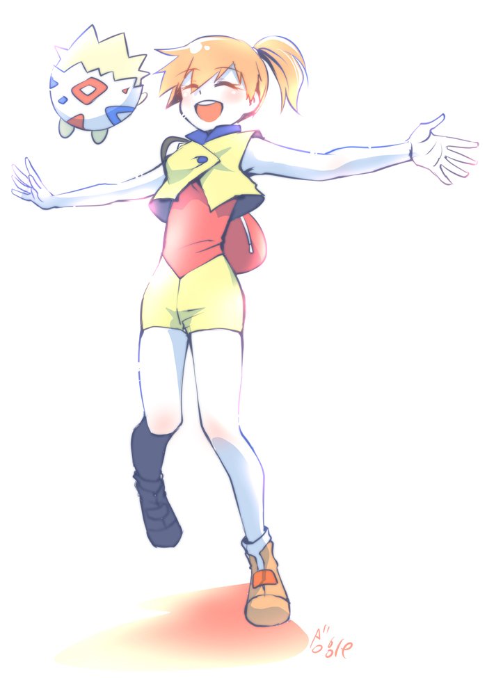 1girl, backpack, bag, blush, gen_2_pokemon, kipam, misty_(pokemon), nintendo, orange_hair, pokemon, pokemon_(anime), pokemon_(creature), pokemon_the_series:_ruby_and_sapphire, red_hair, shirt, togepi, yellow_shirt