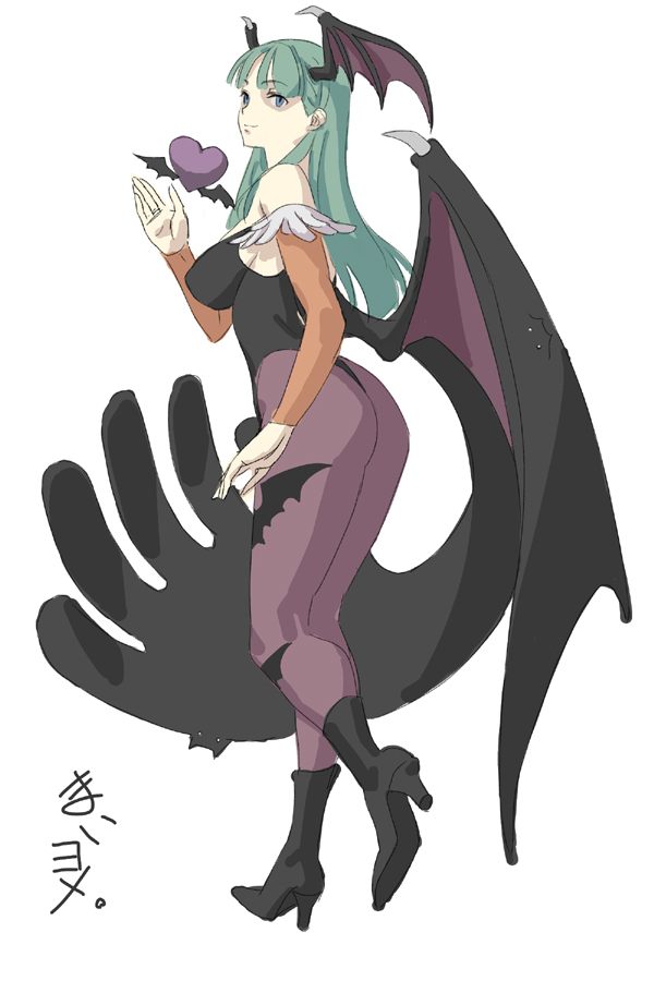 1girl, animal_print, ass, bare_shoulders, bat_print, bat_wings, capcom, darkstalkers