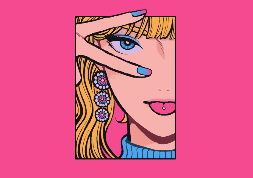 1girl, blonde_hair, blue_eyes, blunt_bangs, border, earrings, eyeshadow, gradient_nails
