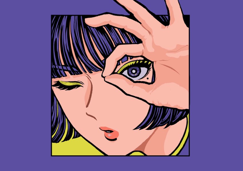1girl, blunt_bangs, border, closed_eyes, green_background, hand_up, highres, looking_at_viewer, minillustration, mole, mole_under_eye, one_eye_closed, original, portrait, purple_border, purple_eyes, simple_background, solo
