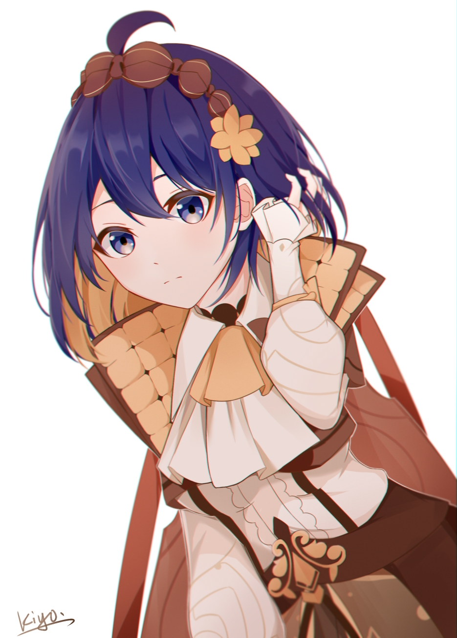 1girl, adjusting_hair, antenna_hair, blue_eyes, blue_hair, brown_jacket, closed_mouth, hair_between_eyes