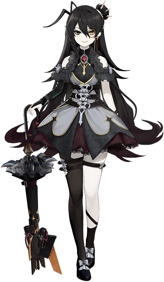 1girl, ahoge, asymmetrical_bangs, asymmetrical_legwear, asymmetrical_sleeves, black_hair, braid, darture_(girls'_frontline_2), detached_sleeves, earrings, fingerless_gloves, french_braid, frilled_skirt, frills, game_cg, girls'_frontline, girls'_frontline_2:_exilium, gloves, hair_bun, jewelry, monocle, official_art, pale_skin, paradeus, shoes, single_hair_bun, skirt, socks, solo, spoilers, thigh_strap, thighhighs, third-party_source, transparent_background, umbrella, umbrella_gun, uneven_legwear, uneven_sleeves, yellow_eyes