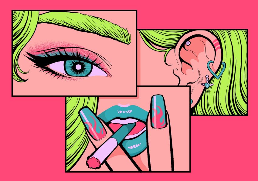 1girl, aqua_eyes, aqua_nails, cigarette, ear_piercing, earrings, green_hair, heart