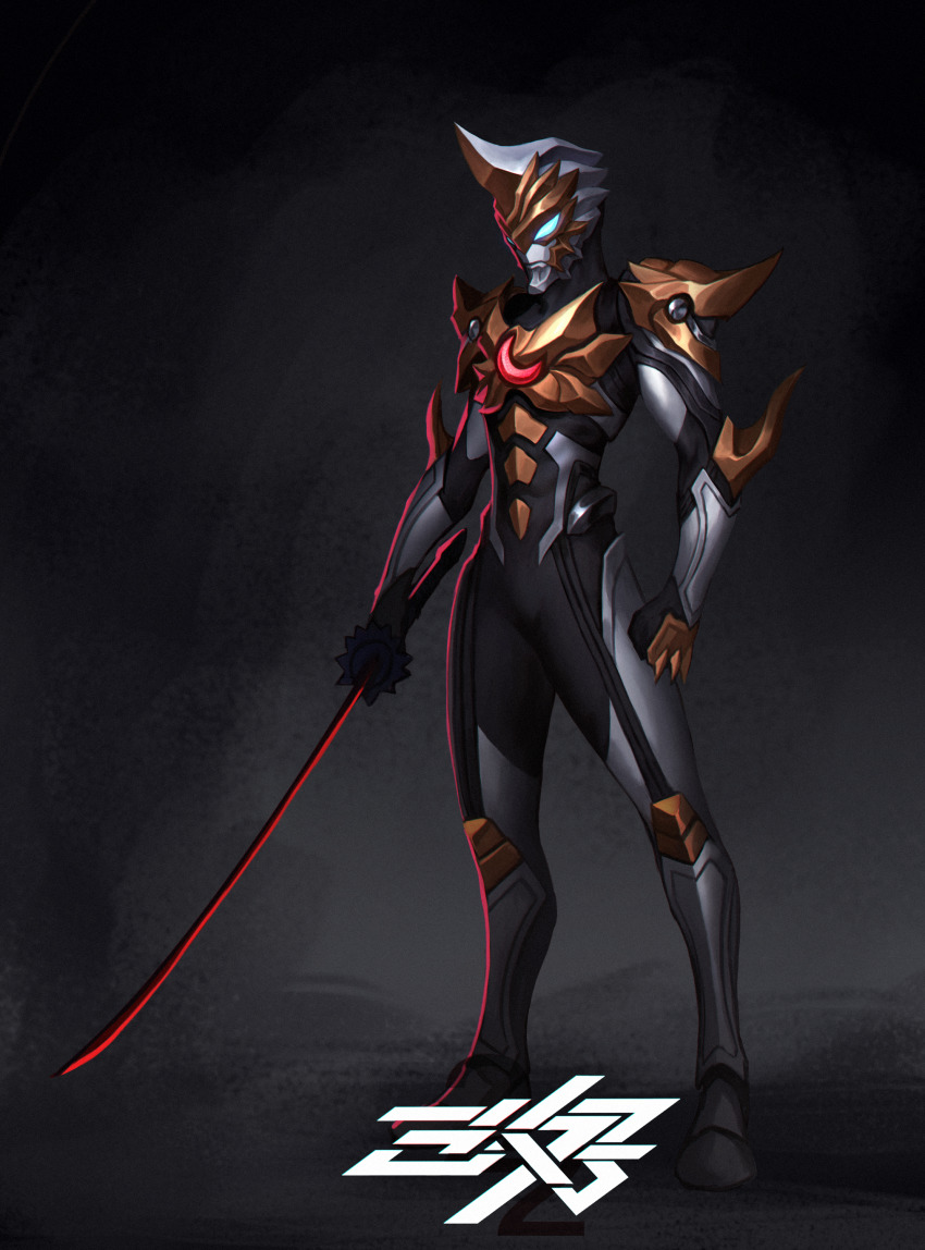 1boy, 3ok, absurdres, alien, alternate_form, alternate_universe, arm_blade, blue_eyes