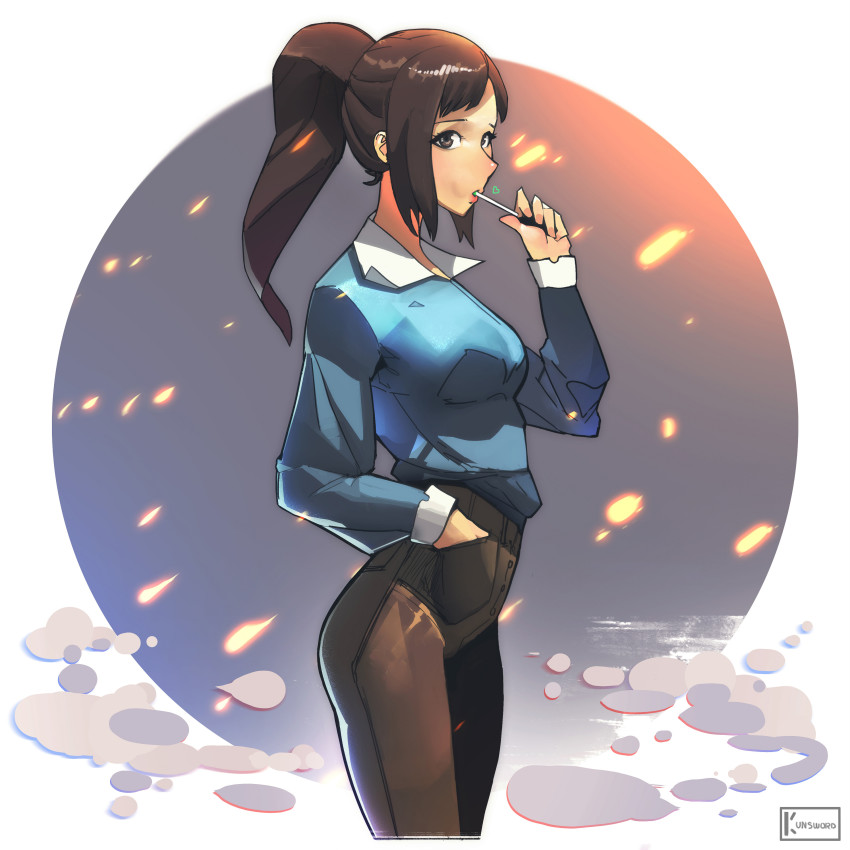 1girl, absurdres, blue_shirt, brown_eyes, brown_hair, brown_pants, candy, food, hand_in_pocket, high-waist_pants, highres, kunsword, lollipop, long_hair, looking_at_viewer, pants, ponytail, shirt, solo, solo_leveling, sung_jin-ah