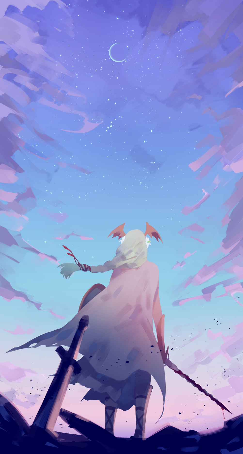 1girl, braid, cape, cloud, crescent_moon, dress, fire_emblem, fire_emblem:_three_houses