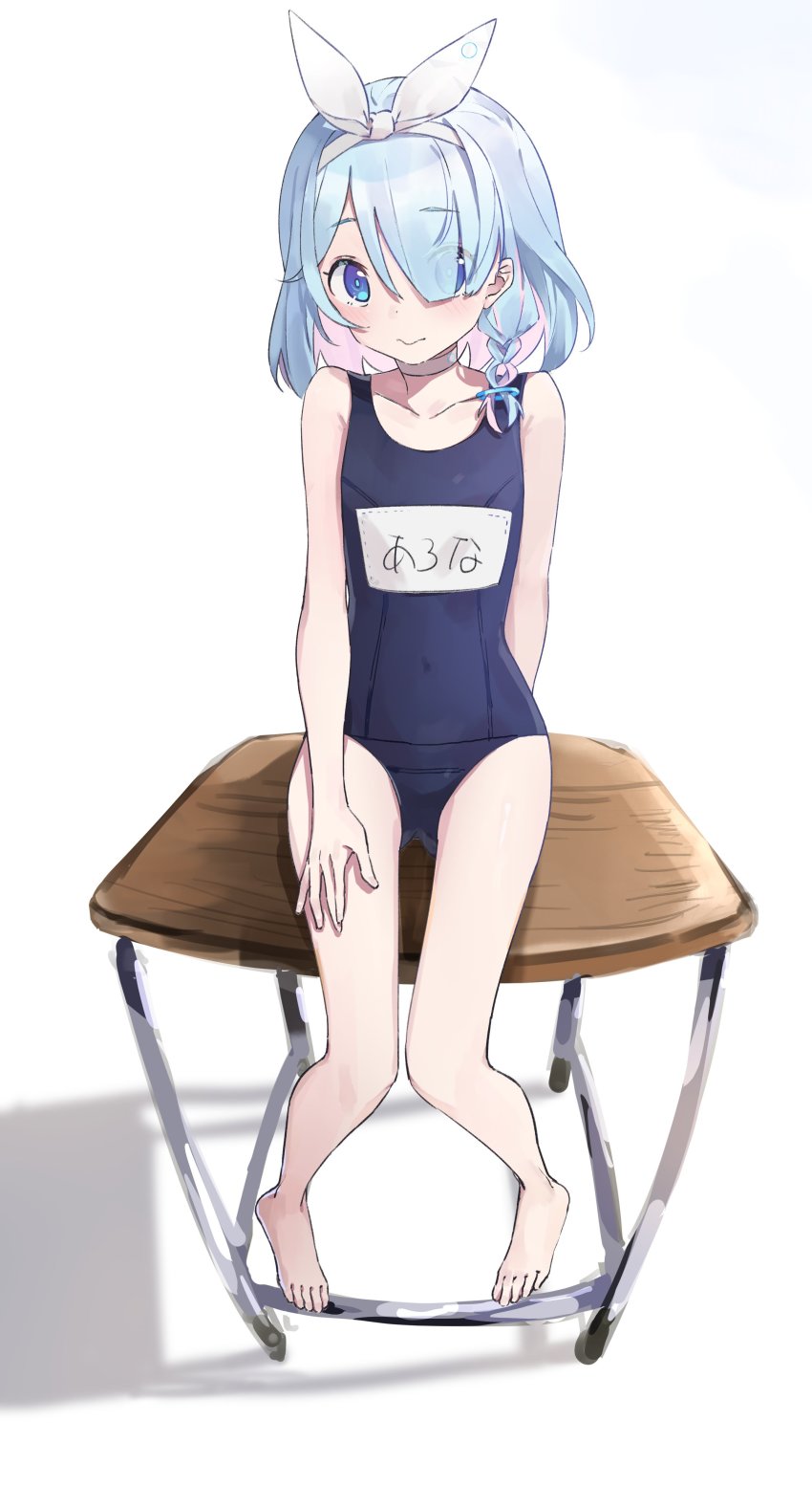 1girl, 3:, absurdres, arona_(blue_archive), bare_legs, barefoot, blue_archive, blue_eyes, blue_hair, blush, bow, collarbone, commentary_request, cottone_(highjethoo), desk, flat_chest, full_body, hair_bow, highres, name_tag, old_school_swimsuit, school_desk, school_swimsuit, school_uniform, short_hair, simple_background, sitting, solo, swimsuit, white_background