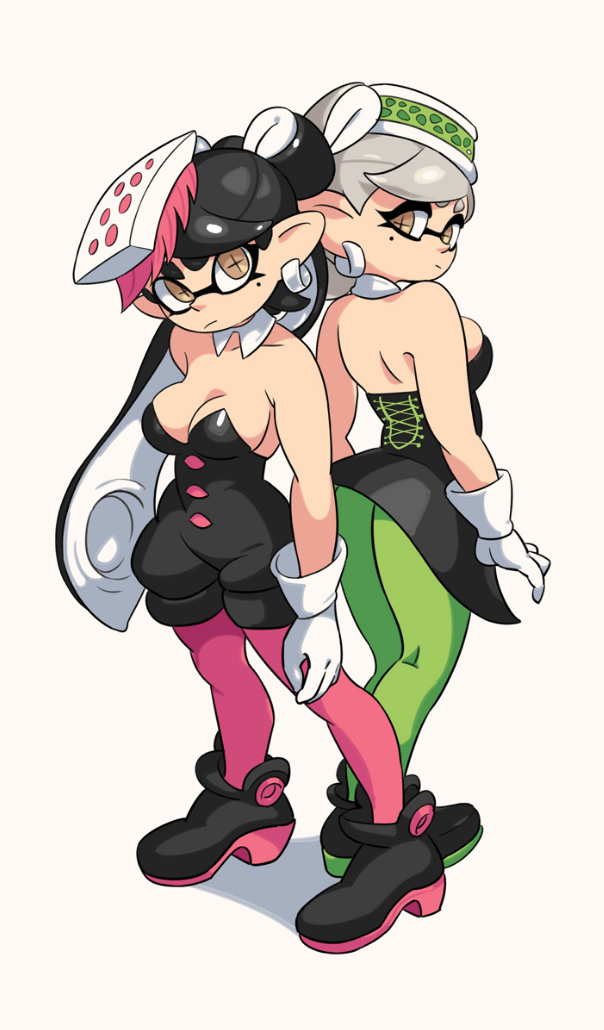 +_+, 2girls, bare_shoulders, black_dress, black_jumpsuit, breasts, brown_eyes, callie_(splatoon)