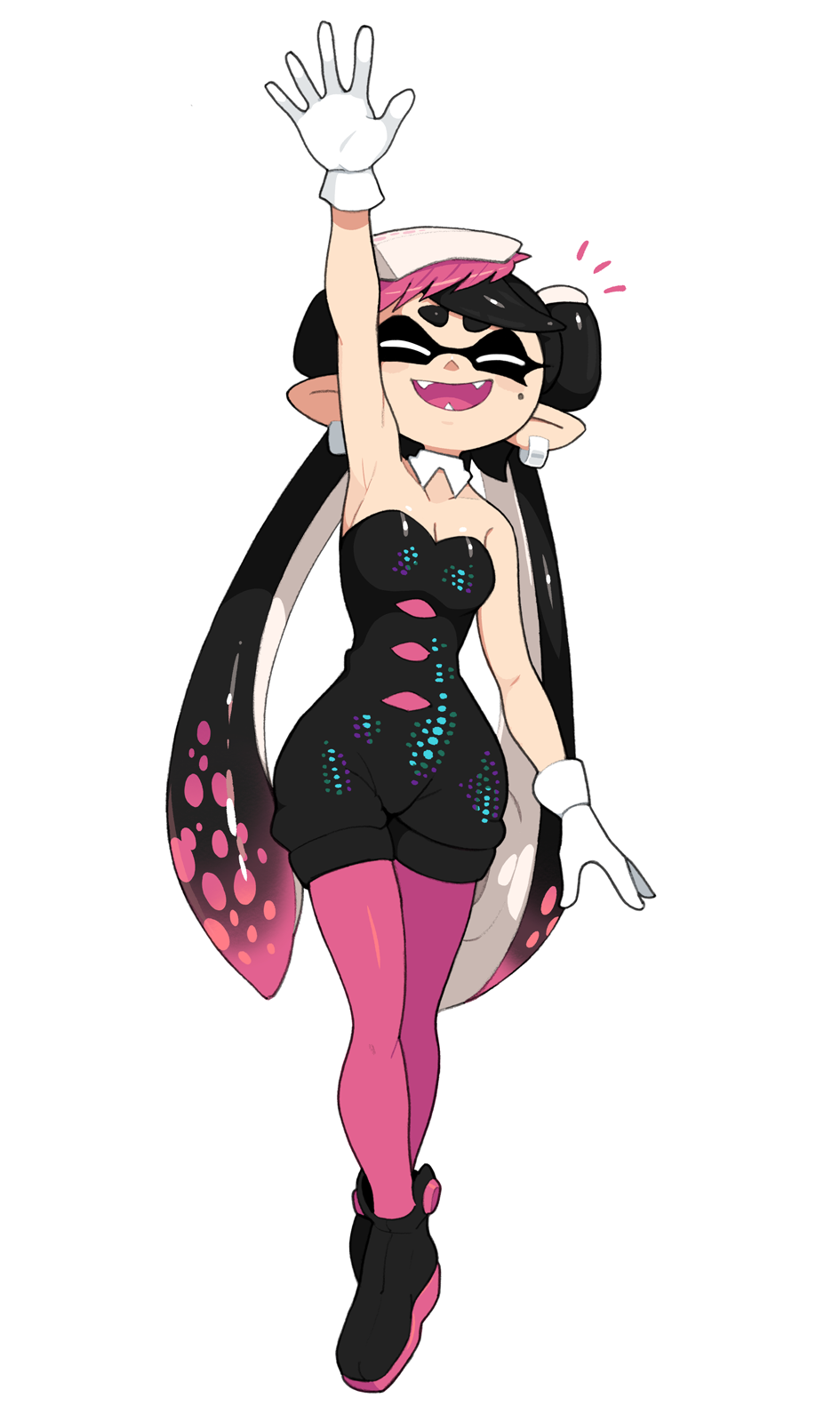 1girl, arm_up, bare_shoulders, black_hair, black_jumpsuit, black_shoes, callie_(splatoon), callie_(squid_sisters_outfit)_(splatoon)