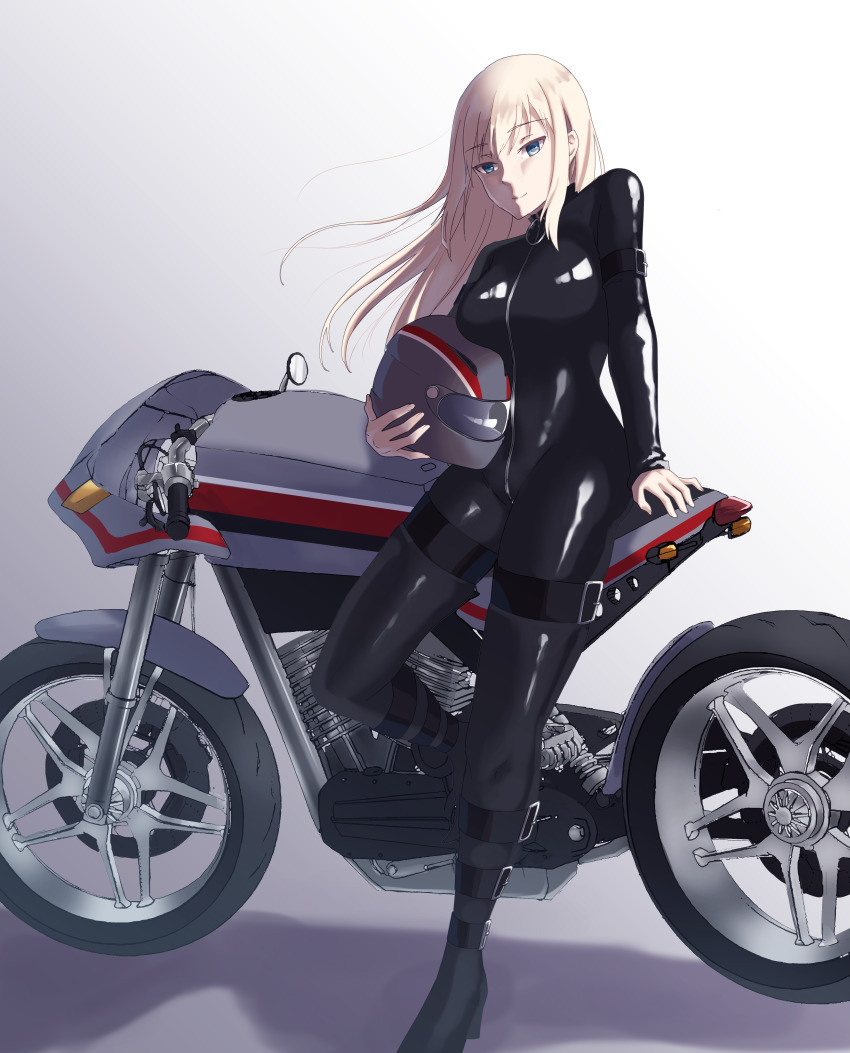 1girl, absurdres, alternate_costume, anya_(anyapoiiii), biker_clothes, bikesuit, bismarck_(kancolle), black_bodysuit, blonde_hair, blue_eyes, bodysuit, breasts, full-length_zipper, full_body, helmet, highres, kantai_collection, large_breasts, long_hair, motor_vehicle, motorcycle, motorcycle_helmet, skin_tight, solo, standing, zipper