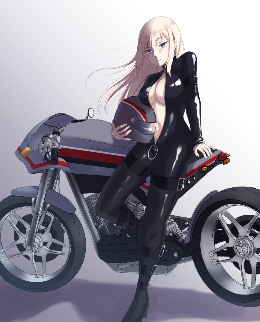 1girl, absurdres, alternate_costume, anya_(anyapoiiii), biker_clothes, bikesuit, bismarck_(kancolle), black_bodysuit, blonde_hair, blue_eyes, bodysuit, breasts, full-length_zipper, full_body, helmet, highres, kantai_collection, large_breasts, latex, latex_suit, long_hair, motor_vehicle, motorcycle, motorcycle_helmet, skin_tight, solo, standing, unzipped, zipper