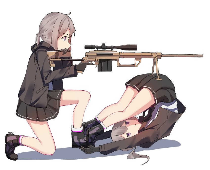 2girls, absurdres, ahoge, aiming, ass, bipod, black_gloves, black_skirt
