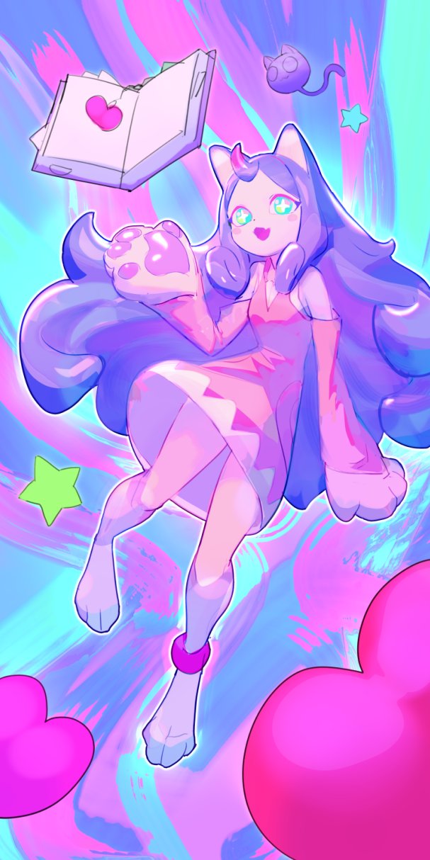 1girl, :d, ahoge, animal_ears, animal_hands, ankleband, blue_eyes, blush_stickers