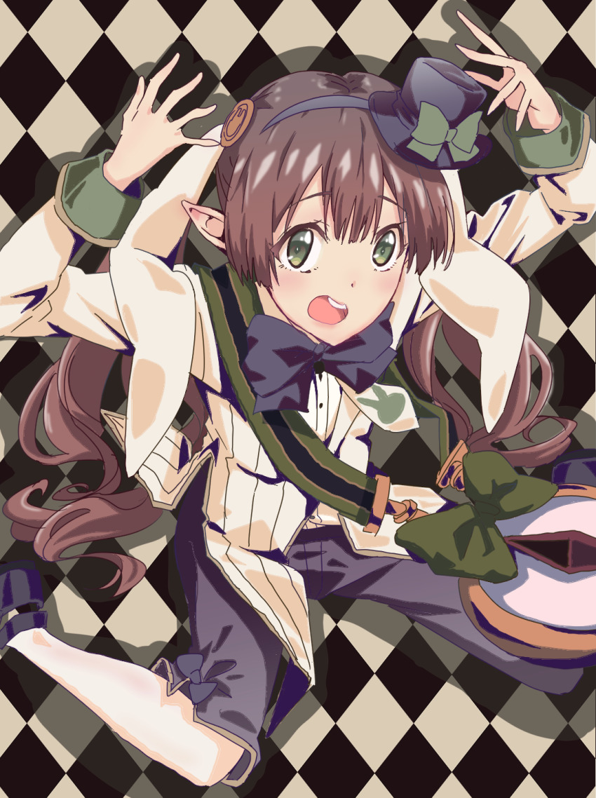 1girl, ayumi_(princess_connect!), ayumi_(wonderland)_(princess_connect!), blush, brown_hair, elf, green_eyes, hair_between_eyes