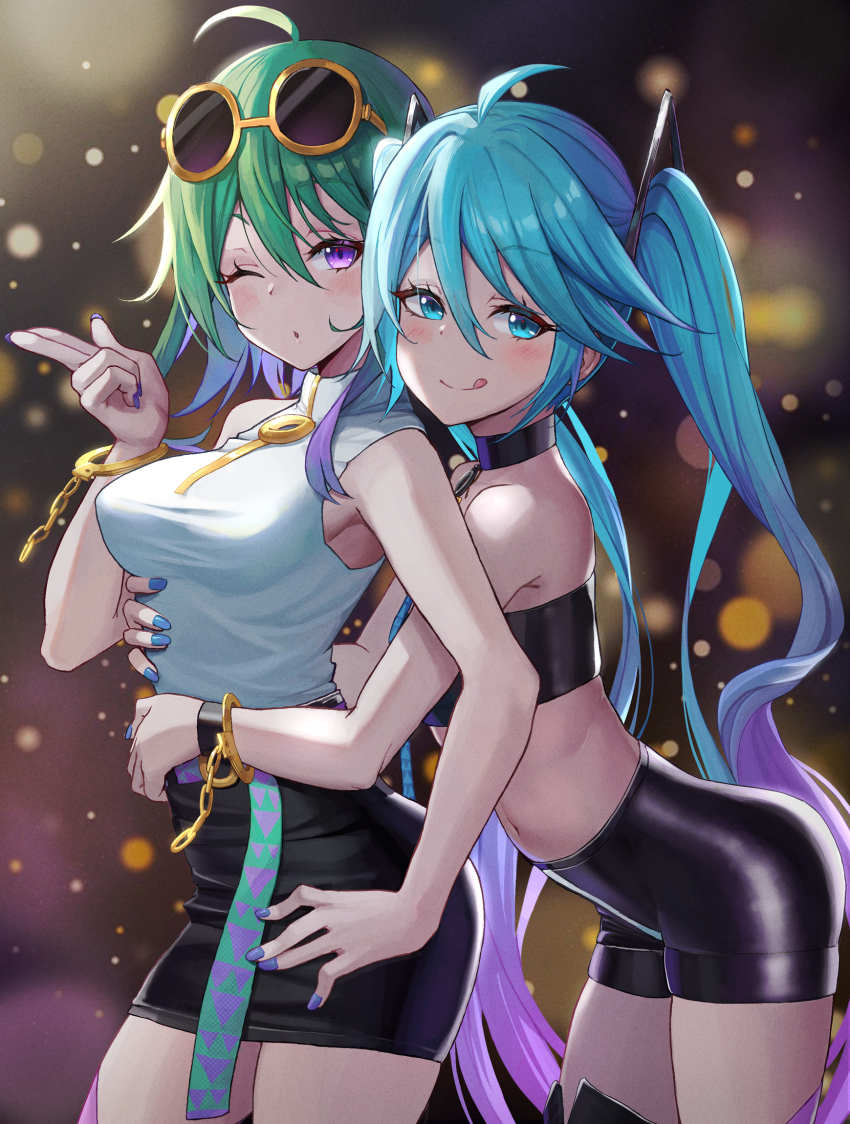 2girls, :q, ahoge, arched_back, bandeau, bare_arms, bare_shoulders, bib_(bibboss39), bike_shorts, black_choker, black_legwear, black_shorts, blue_eyes, blue_hair, blue_nails, breasts, choker, closed_mouth, crop_top, cuffs, eyewear_on_head, flat_chest, getcha!_(vocaloid), gold, gradient_hair, green_hair, gumi, hair_between_eyes, handcuffs, hatsune_miku, high-waist_shorts, high-waist_skirt, highres, hug, hug_from_behind, long_hair, looking_at_viewer, medium_breasts, midriff, miniskirt, multicolored_hair, multiple_girls, nail_polish, navel, one_eye_closed, pencil_skirt, purple_eyes, revealing_clothes, shirt, short_hair, short_shorts, shorts, sidelocks, skirt, sleeveless, sleeveless_shirt, smile, stomach, strapless, sunglasses, thighhighs, thighs, tongue, tongue_out, tube_top, twintails, very_long_hair, vocaloid, white_shirt