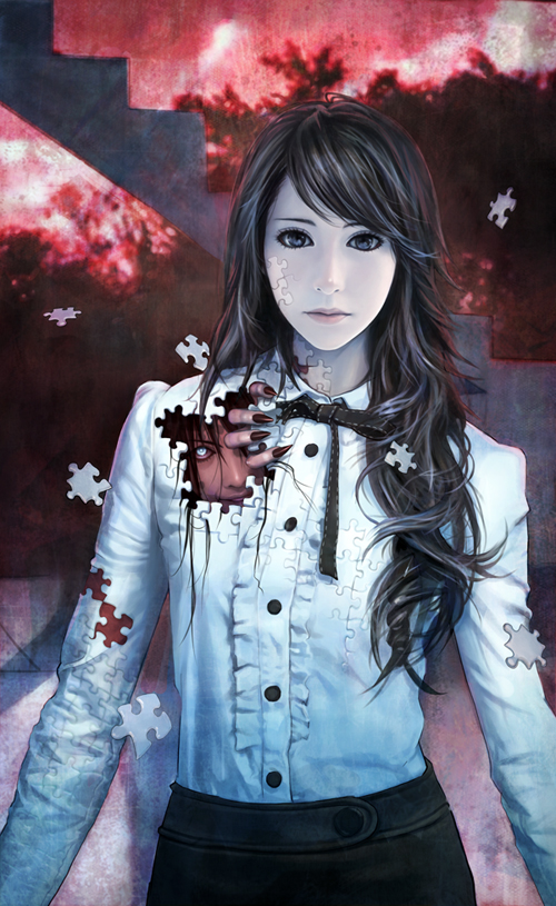 1girl, allison, blue_eyes, brown_eyes, brown_hair, casual, creepy, eat, eat0123, female_focus, glowing, glowing_eyes, horror_(theme), jigsaw_puzzle, lips, long_hair, nail_polish, original, photorealistic, puzzle, realistic, solo, stairs, surreal, what