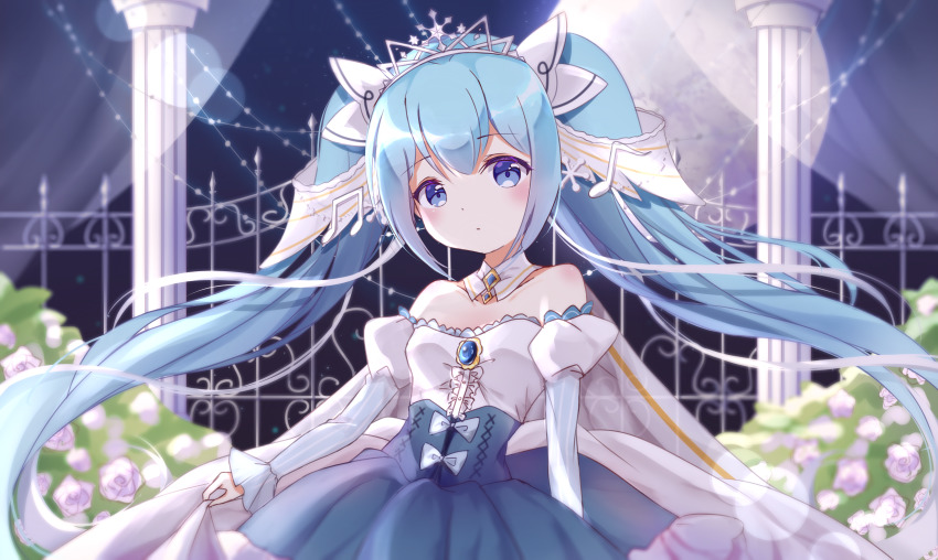 1girl, absurdres, bare_shoulders, beamed_eighth_notes, blue_dress, blue_eyes, blue_hair, brooch