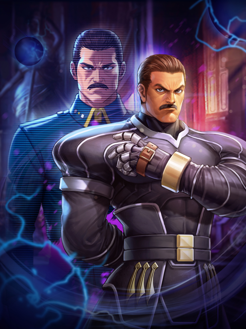 1boy, arm_behind_back, brown_eyes, brown_hair, facial_hair, fighting_game, hair_slicked_back, hand_on_own_hip