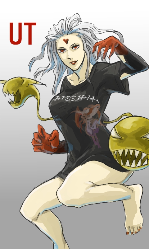 1990s_(style), barefoot, claws, cloud_of_darkness, dissidia_final_fantasy, feet, final_fantasy, final_fantasy_iii, long_hair, red_eyes, ryugue, shirt, tattoo, white_hair