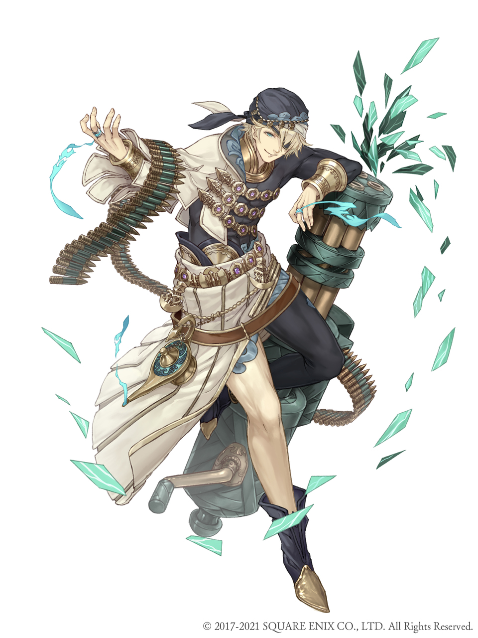 1boy, aladdin_(sinoalice), ammunition, ammunition_belt, asymmetrical_clothes, bandana, blonde_hair, blue_eyes