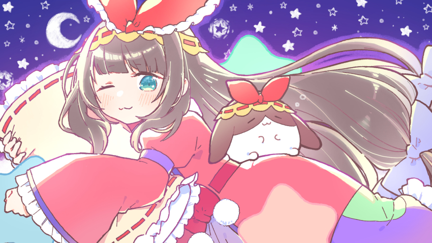 1girl, ;3, aqua_eyes, bebe_(nanahira), blush, bow, brown_hair, dress, frilled_bow, frills, highres, indie_utaite, indie_virtual_youtuber, long_hair, nanahira, ntm39, one_eye_closed, rabbit, red_bow, red_dress, sky, star_(sky), star_(symbol), star_print, starry_sky, very_long_hair, virtual_youtuber