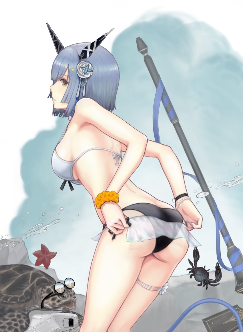 1girl, ass, azur_lane, bikini, blue_hair, blue_ribbon, crab, cross_(weapon)