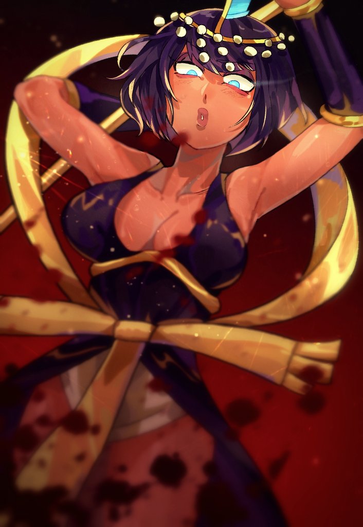 1girl, arms_up, black_hair, blood, blood_splatter, blue_eyes, bob_cut, collarbone, cowboy_shot, dark-skinned_female, dark_skin, dutch_angle, eliza_(skullgirls), lips, looking_down, marysue, pursed_lips, red_background, short_hair, skullgirls, solo, tiara