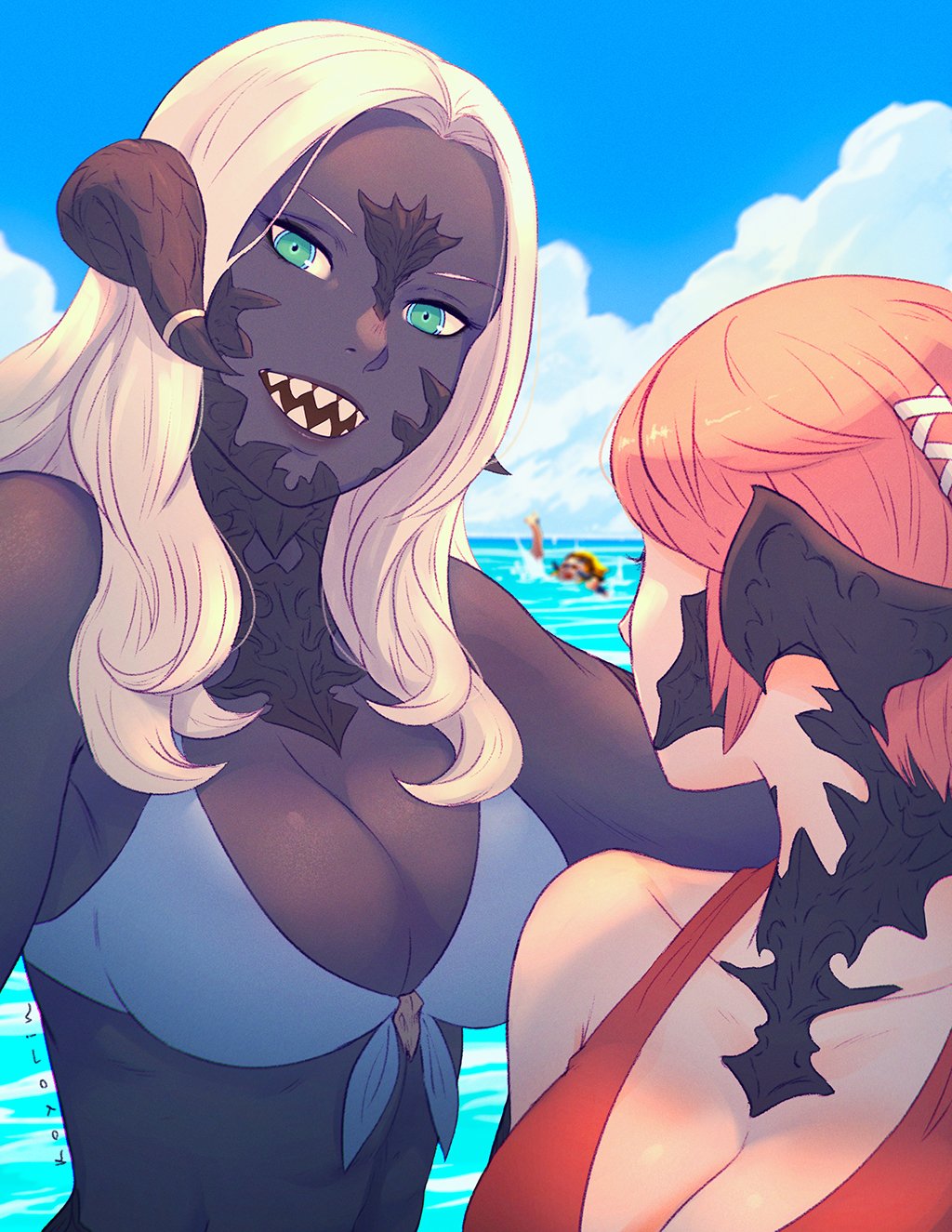1boy, 2girls, asphyxiation, au_ra, bikini, black_horns, black_skin, blue_eyes, blurry, blurry_background, breasts, cirina_mol, colored_skin, dark-skinned_female, dark_skin, day, dragon_boy, dragon_girl, dragon_horns, dragon_tail, drowning, final_fantasy, final_fantasy_xiv, front-tie_bikini_top, front-tie_top, head_tilt, highres, horn_ornament, horn_ring, horns, koyorin, long_hair, looking_at_another, looking_at_viewer, magnai_oronir, medium_breasts, multiple_girls, outdoors, pink_hair, red_bikini, sadu_dotharl, scales, sharp_teeth, short_hair, swimsuit, tail, teeth, water, white_bikini, white_hair
