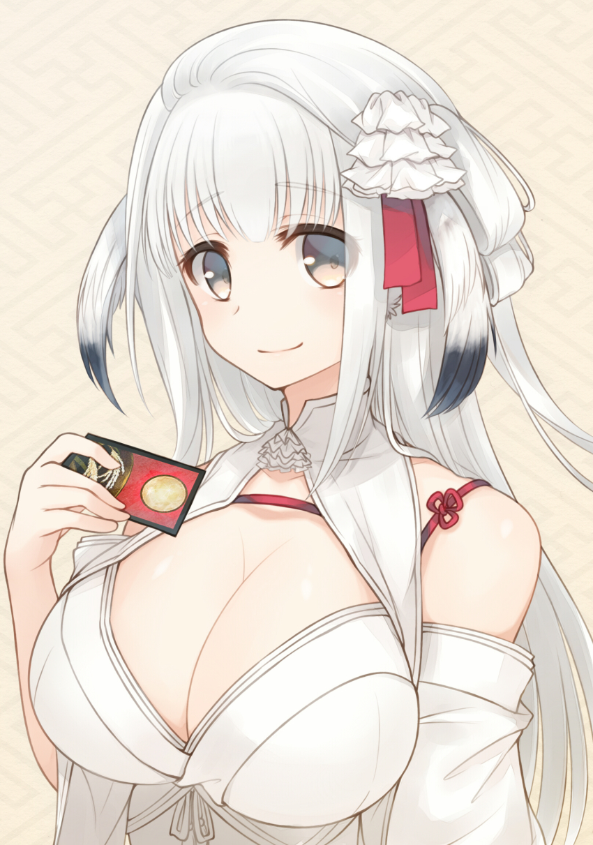 1girl, animal_ears, aquaplus, blush, breasts, card, cleavage, closed_mouth