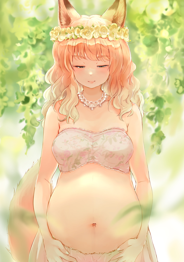 1girl, animal_ears, batta_(kanzume_quality), blonde_hair, fox_ears, fox_girl, fox_wife_(batta_(kanzume_quality)), head_wreath