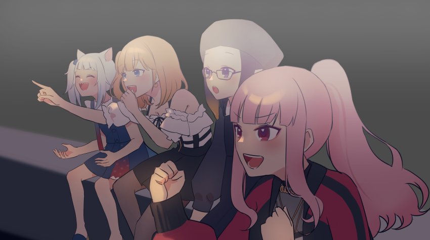 4girls, :d, :o, ^_^, absurdres, animal_ears, bare_shoulders, beret