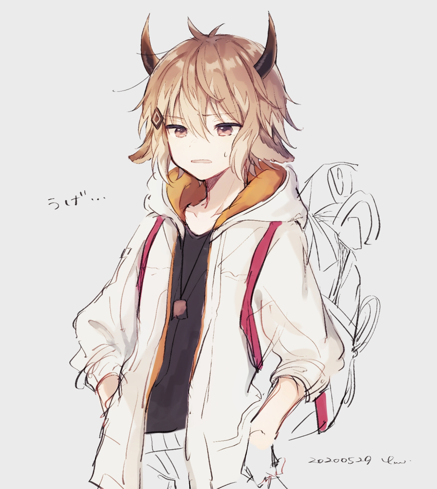 1boy, animal_ears, arknights, backpack, bag, bison_(arknights), black_shirt, brown_eyes, brown_hair, commentary_request, cow_ears, cow_horns, cowboy_shot, dated, figmnts, grey_background, highres, hood, hood_down, hooded_jacket, horns, jacket, jewelry, male_focus, necklace, open_clothes, open_jacket, parted_lips, shirt, shorts, signature, simple_background, sketch, solo, sweat, translation_request, white_jacket