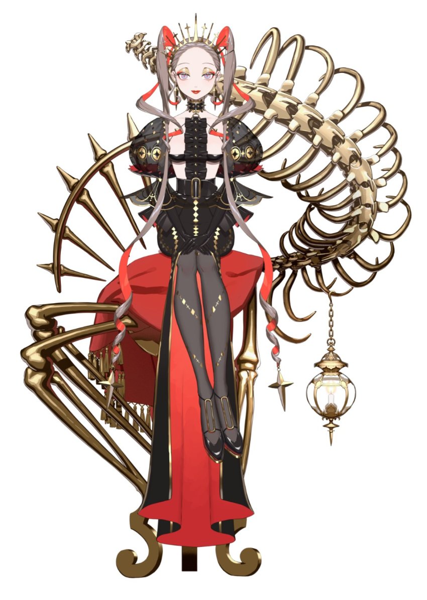 1girl, aburage_(motimotigg20), black_gloves, blue_eyes, breast_strap, candle, colored_inner_hair, commentary, english_commentary, eyeshadow, forehead, gloves, grey_hair, hands_on_own_knees, highres, juliet_sleeves, lantern, long_hair, long_sleeves, makeup, multicolored_hair, official_art, orla_gan_ceann, puffy_sleeves, red_eyeshadow, red_hair, red_pupils, see-through_clothes, see-through_sleeves, sitting, smile, solo, spine, tiara, tsunderia, twintails, very_long_hair, virtual_youtuber, white_background