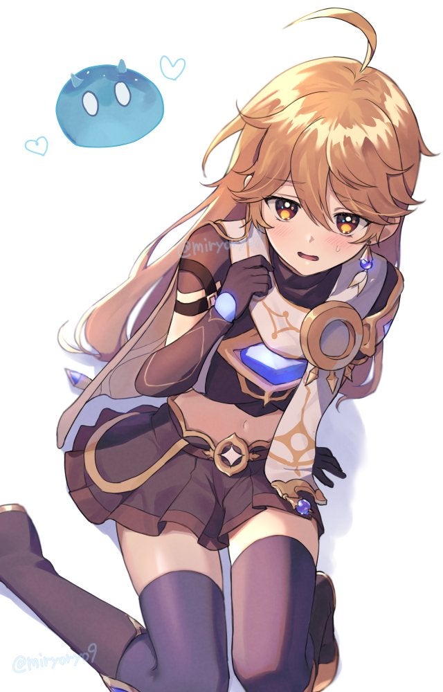 1boy, adapted_costume, aether_(genshin_impact), ahoge, androgynous, artist_name, blonde_hair, blush, crossdressing, crossdressing_(mtf), earrings, genshin_impact, gloves, hair_between_eyes, jewelry, long_hair, looking_at_viewer, midriff, miniskirt, miryoryo9, open_mouth, scarf, single_earring, skirt, slime_(creature), solo, sweatdrop, thighhighs, trap, twitter_username, watermark, white_background, white_scarf, yellow_eyes, zettai_ryouiki