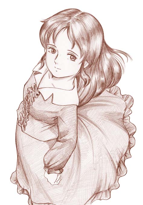 1980s_(style), 1girl, dress, female_focus, long_hair, looking_at_viewer, monochrome, nippon_animation