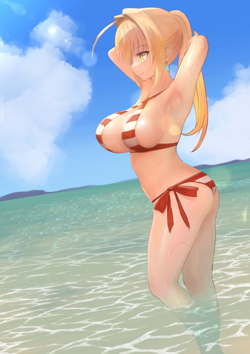 1girl, ahoge, bare_shoulders, bikini, breasts, cleavage, criss-cross_halter, dh_ead