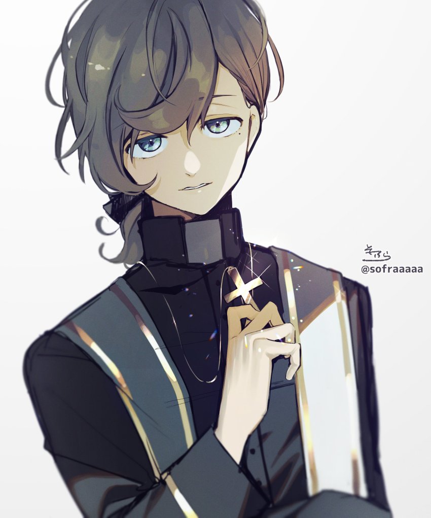 1boy, bad_id, bad_twitter_id, black_jacket, blue_eyes, brown_hair, cross, glint