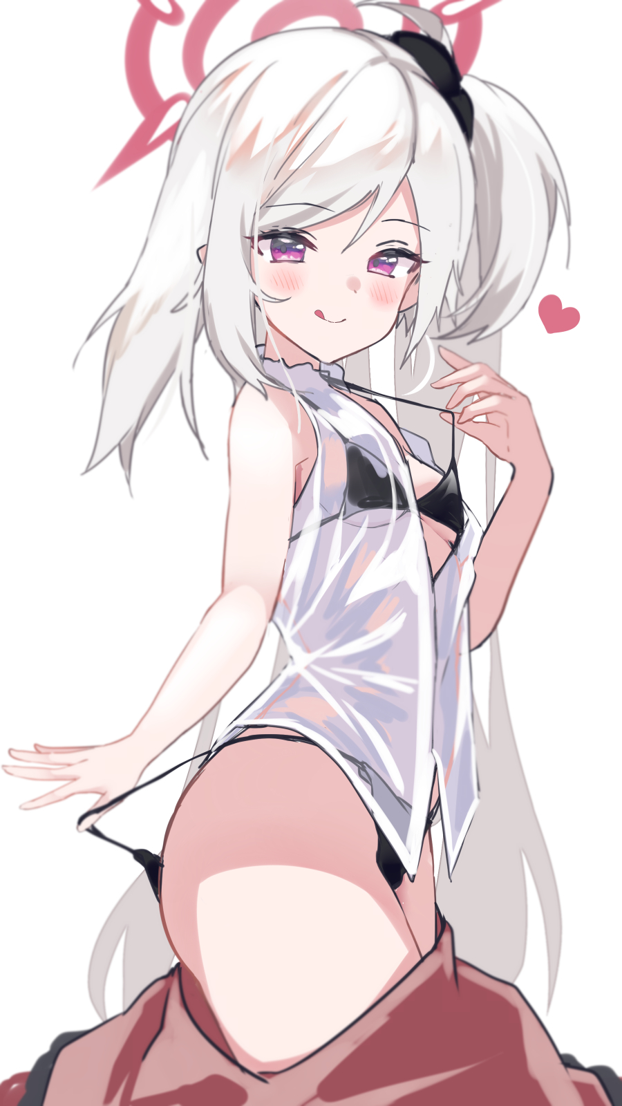 1girl, :q, bare_arms, bare_shoulders, bikini, bikini_pull, black_bikini, black_scrunchie