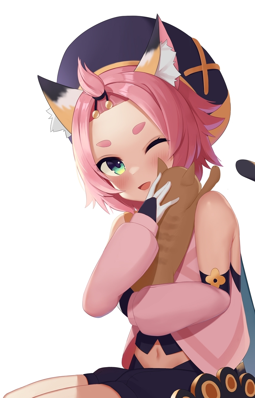 1girl, ;d, animal, animal_ear_fluff, animal_ears, animal_hug, bag, baggy_shorts