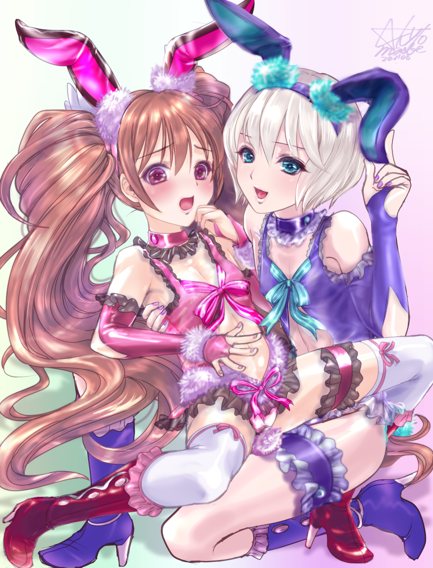 2021, 2boys, androgynous, animal_ears, bare_shoulders, blonde_hair, blue_eyes, blush, boots, brown_hair, bulge, crossdressing, crossdressing_(mtf), dated, dress, elbow_gloves, embarrassed, fake_animal_ears, fingerless_gloves, gloves, gradient_background, green_dress, hand_on_own_hip, homare_nao, kneeling, lips, long_hair, looking_at_viewer, masobe_(masbe), multiple_boys, open_mouth, panties, pink_eyes, rabbit_ears, shiny_skin, short_dress, short_hair, signature, simple_background, sitting, sitting_on_person, smile, taimanin_(series), taimanin_asagi, taimanin_rpgx, trap, twintails, uehara_shikanosuke, underwear, very_long_hair, white_legwear, white_panties