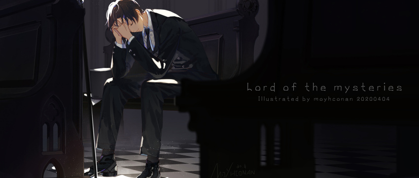 1boy, bench, black_hair, black_necktie, black_suit, cane, chinese_commentary, closed_mouth, commentary_request, english_text, closed_eyes, formal_clothes, hands_on_own_face, highres, klein_moretti, lord_of_the_mysteries, moyhconan, necktie, shirt, solo, suit, tiles, white_shirt