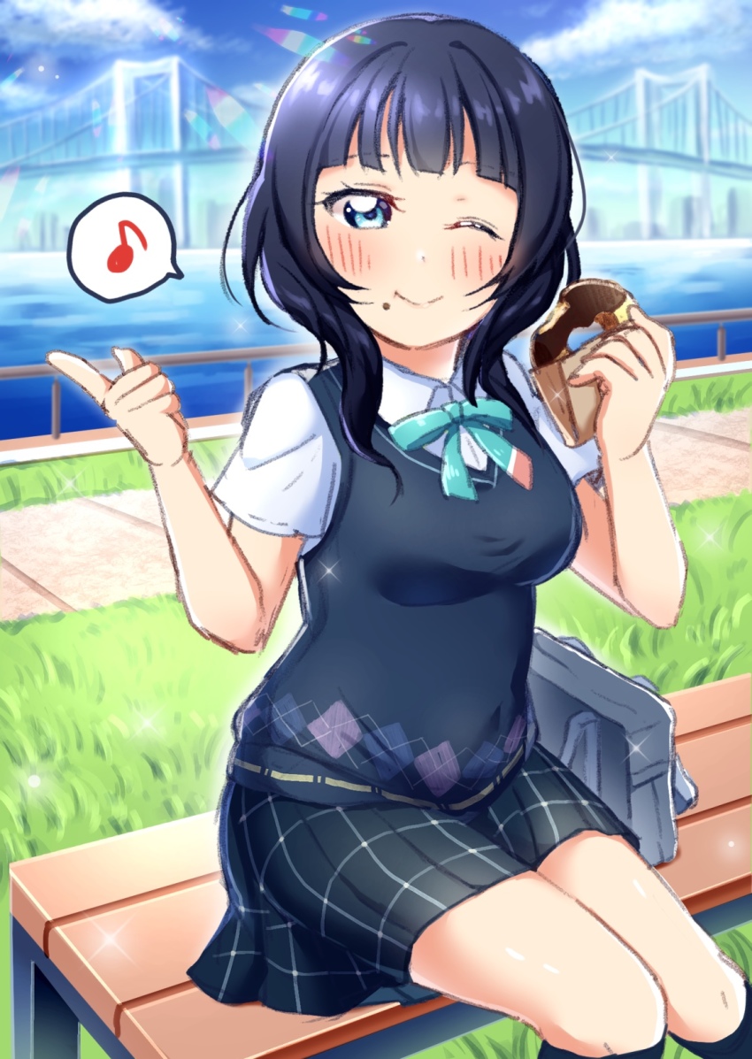 1girl, ;), aqua_ribbon, aqua_shirt, artist_name, artist_request, asaka_karin, bag, bare_legs, beriberi0707, black_skirt, black_sweater_vest, black_vest, blue_eyes, blue_hair, blue_sky, blue_sweater_vest, blue_vest, blush, bow, bowtie, breasts, bridge, cardigan_vest, chain, chair, checkered_clothes, checkered_skirt, cloud, collared_shirt, dark_blue_hair, day, female_focus, food, green_ribbon, highres, holding, holding_food, looking_at_viewer, love_live!, love_live!_nijigasaki_high_school_idol_club, medium_breasts, medium_hair, miniskirt, musical_note, neck_ribbon, nijigasaki_school_uniform, ocean, on_chair, one_eye_closed, outdoors, parted_lips, plaid_clothes, plaid_skirt, pleated, pleated_skirt, ribbon, school_bag, school_uniform, shirt, short_hair, short_sleeves, sitting, skirt, sky, smile, solo, sparkle, summer_uniform, sweater_vest, vest, white_shirt
