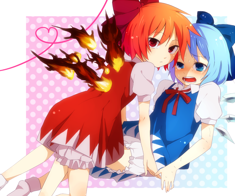 2girls, achi_cirno, alternate_color, alternate_element, bad_id, bad_pixiv_id, blue_eyes, blue_hair, blush, bow, cirno, dual_persona, embodiment_of_scarlet_devil, fiery_wings, fire, hair_bow, kurasaki_moroko, multiple_girls, red_eyes, red_hair, short_hair, sweat, touhou, wings